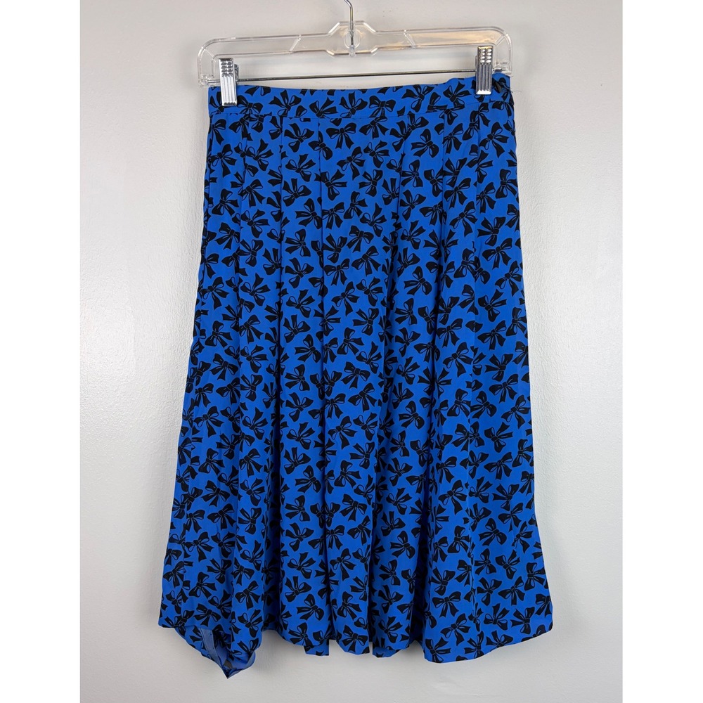Josephine‎ Vintage Blue Black Bow Print Pleated Midi Skirt Sz 8 Coquette Cottage